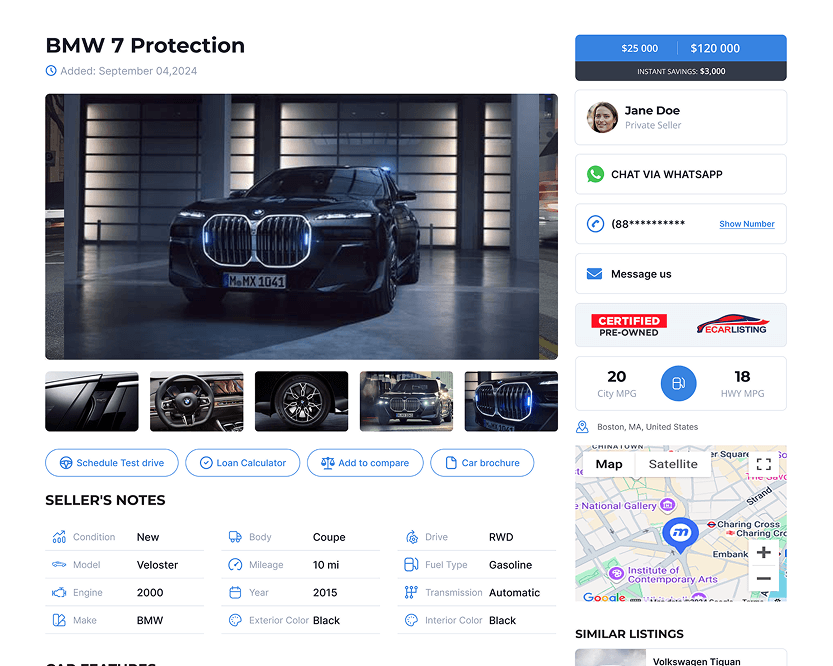 Classic vehicle listing template with detailed car information