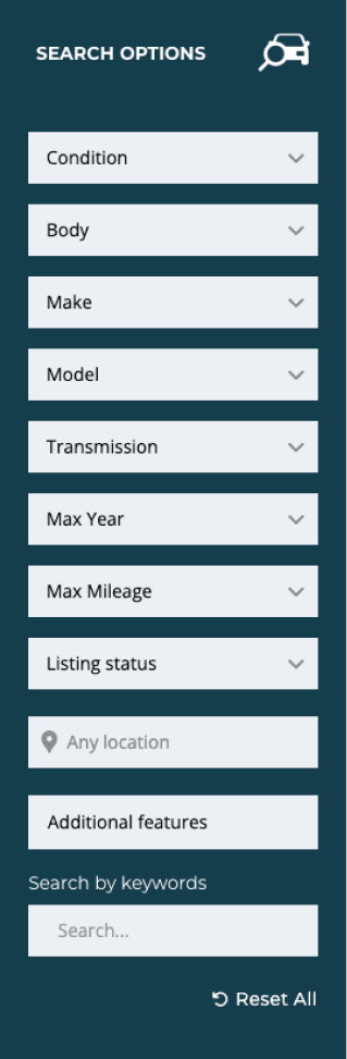 Vehicle search filter panel with make, model, year and price options