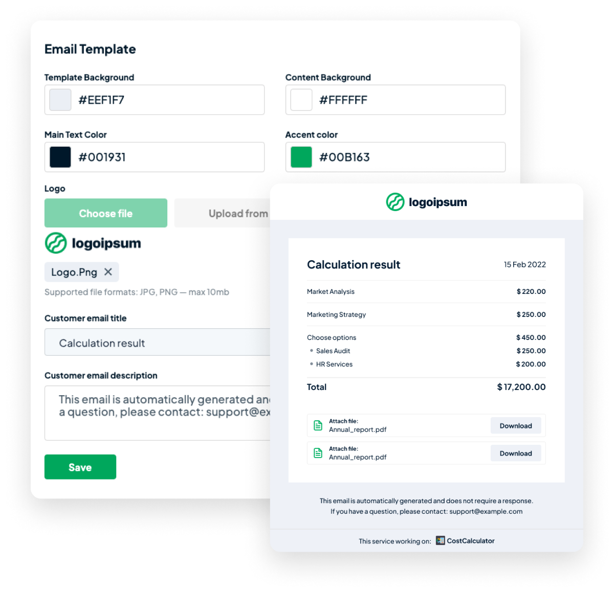 Pantalla de plantilla de correo electrónico de la calculadora de costos de StylemixThemes