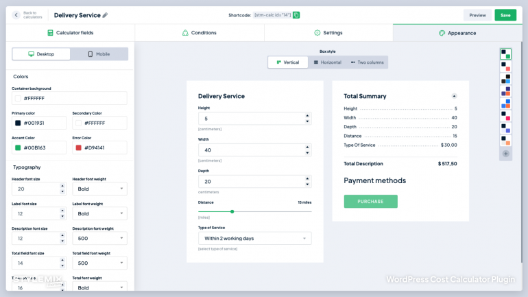 Stylemix Themes Cost Calculator Appearance Screen