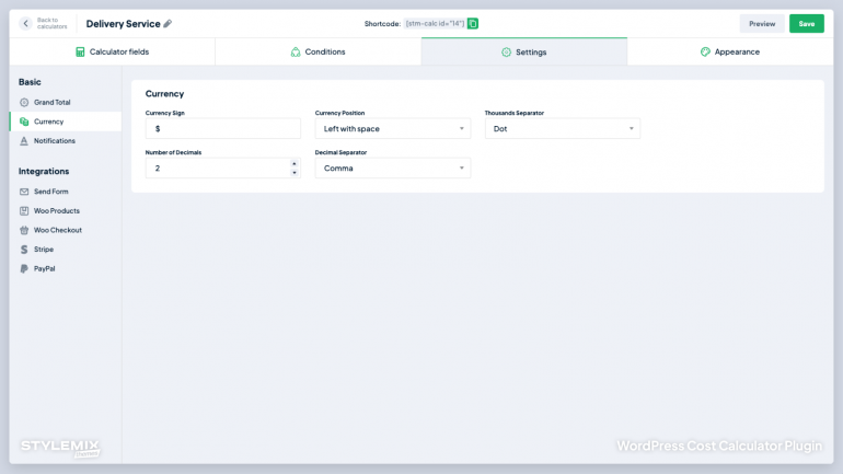 Stylemix Themes Cost Calculator Settings Screen