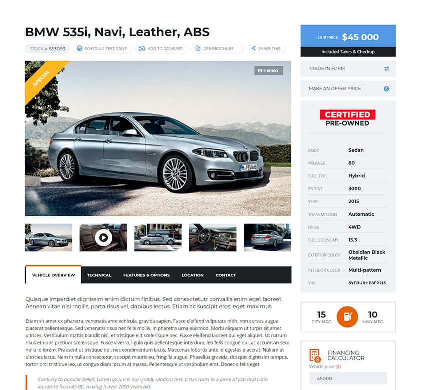 Car Dealer Theme Vehicle Page Template