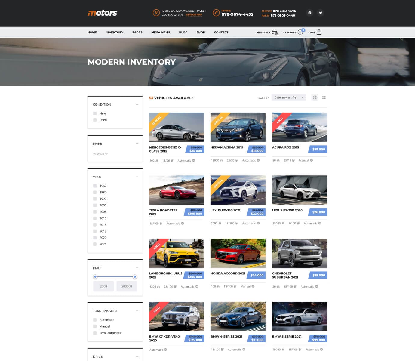 Motors - Car Dealer, Rental & Classifieds WordPress theme listing layouts