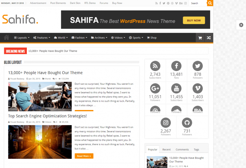 Sahifa &ndash; демо WordPress темы для блога