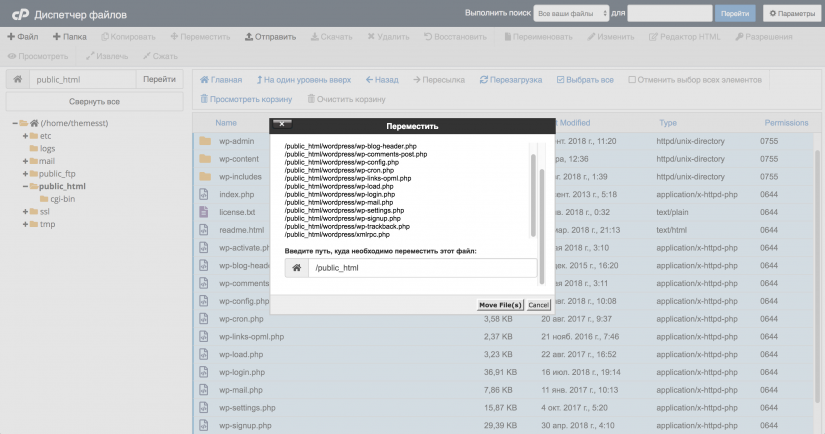 Переместить файл cPanel WordPress