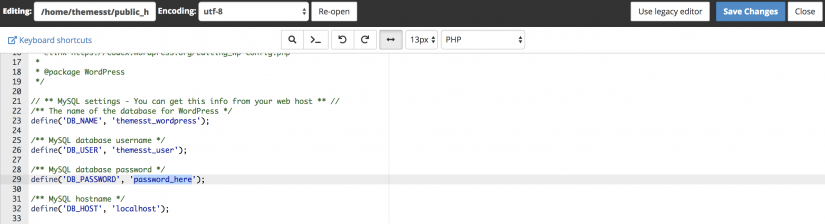Ввести пароль в базу данных cPanel WordPress