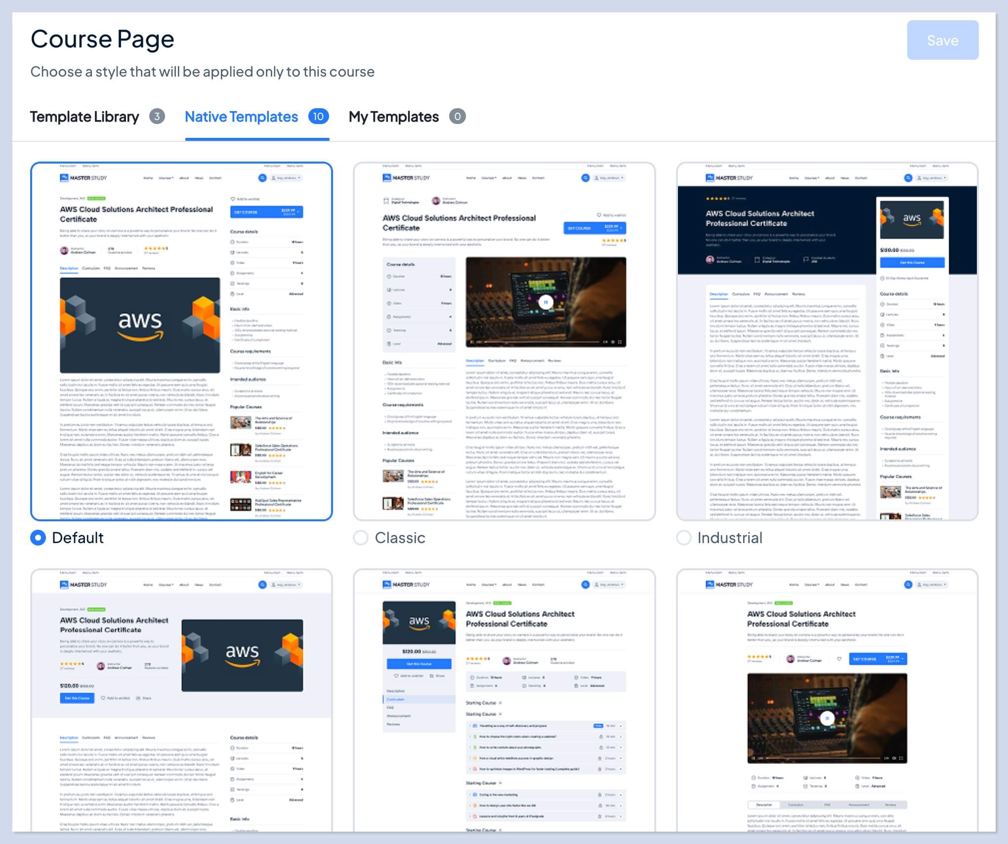 Additional course page templates