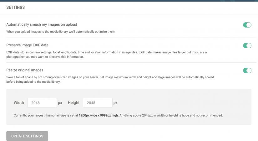 A preview of the Settings dashboard for Smush plugin.