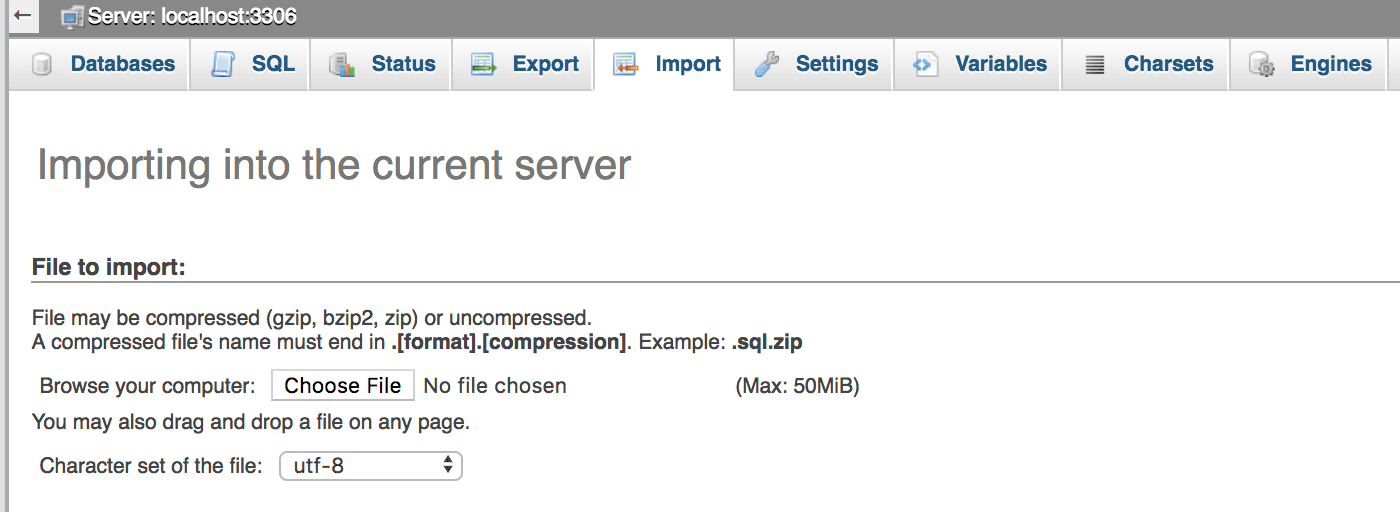 Import database page in phpMyAdmin to move WordPress from localhost to server.
