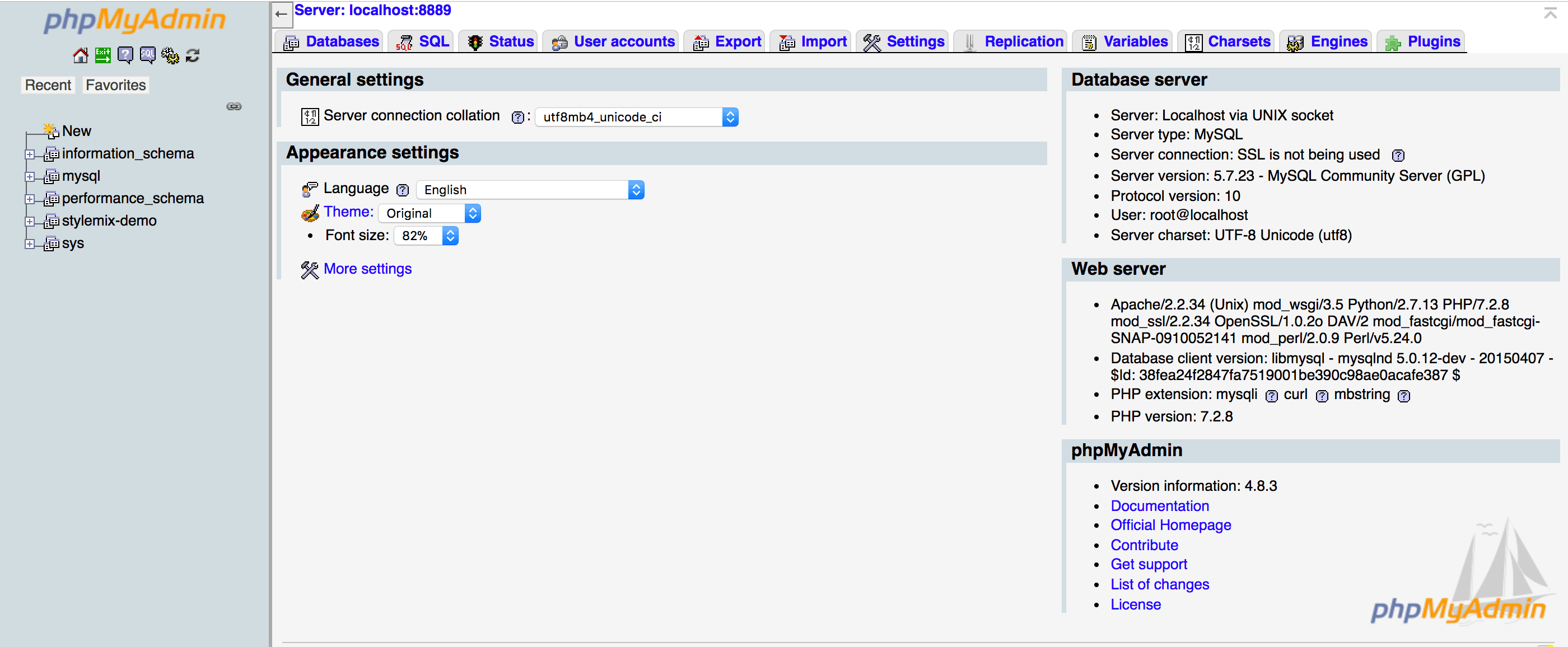 The phpMyAdmin screen