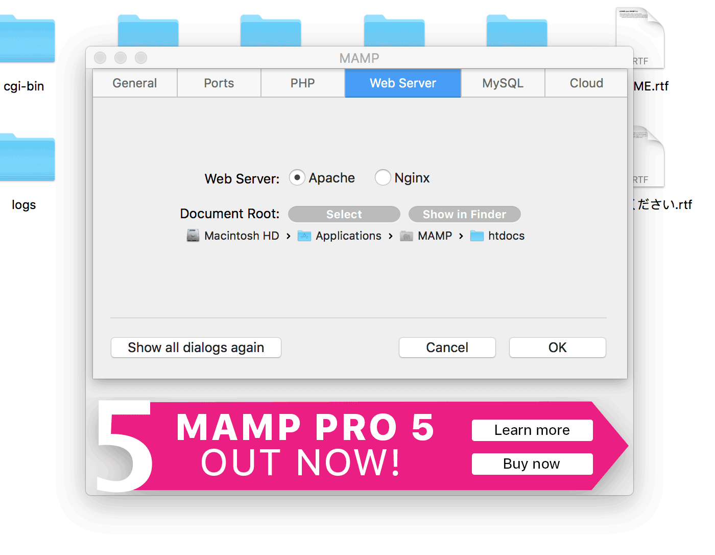 The MAMP window on the Web Server tab.