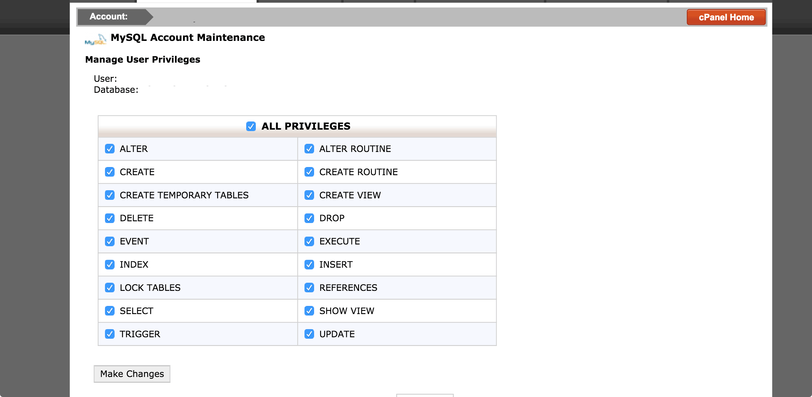 cPanel User Privilege screen