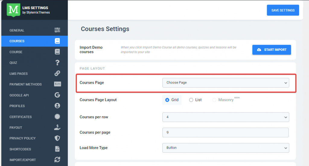 Leaving courses page as default