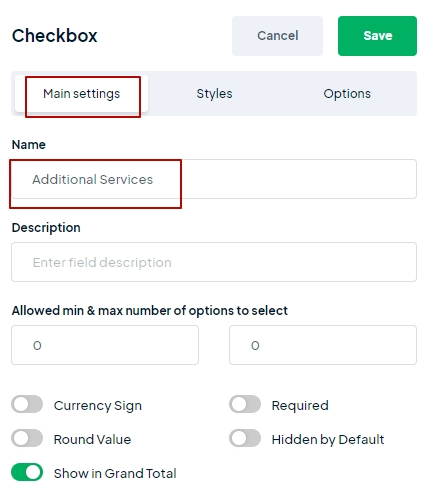 Checkbox Custom Element - Main Settings