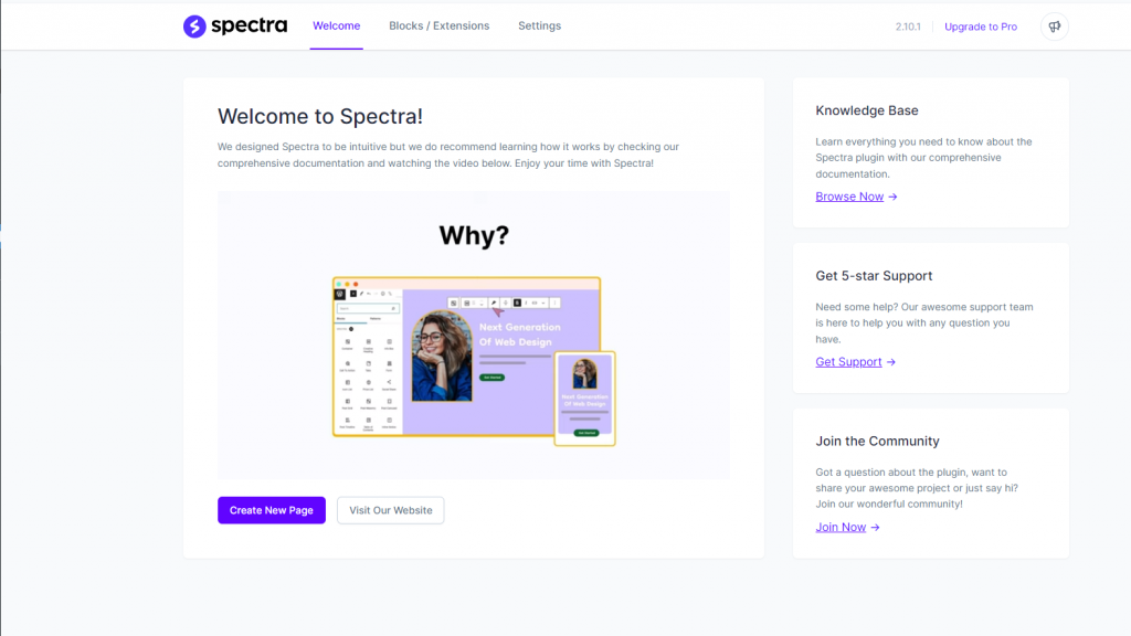 Spectra Welcome Dashboard