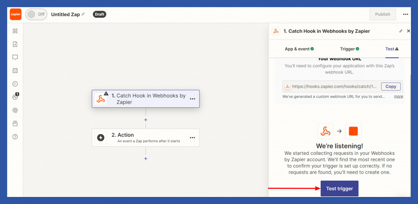 hacer clic en el disparador de prueba en Zapier